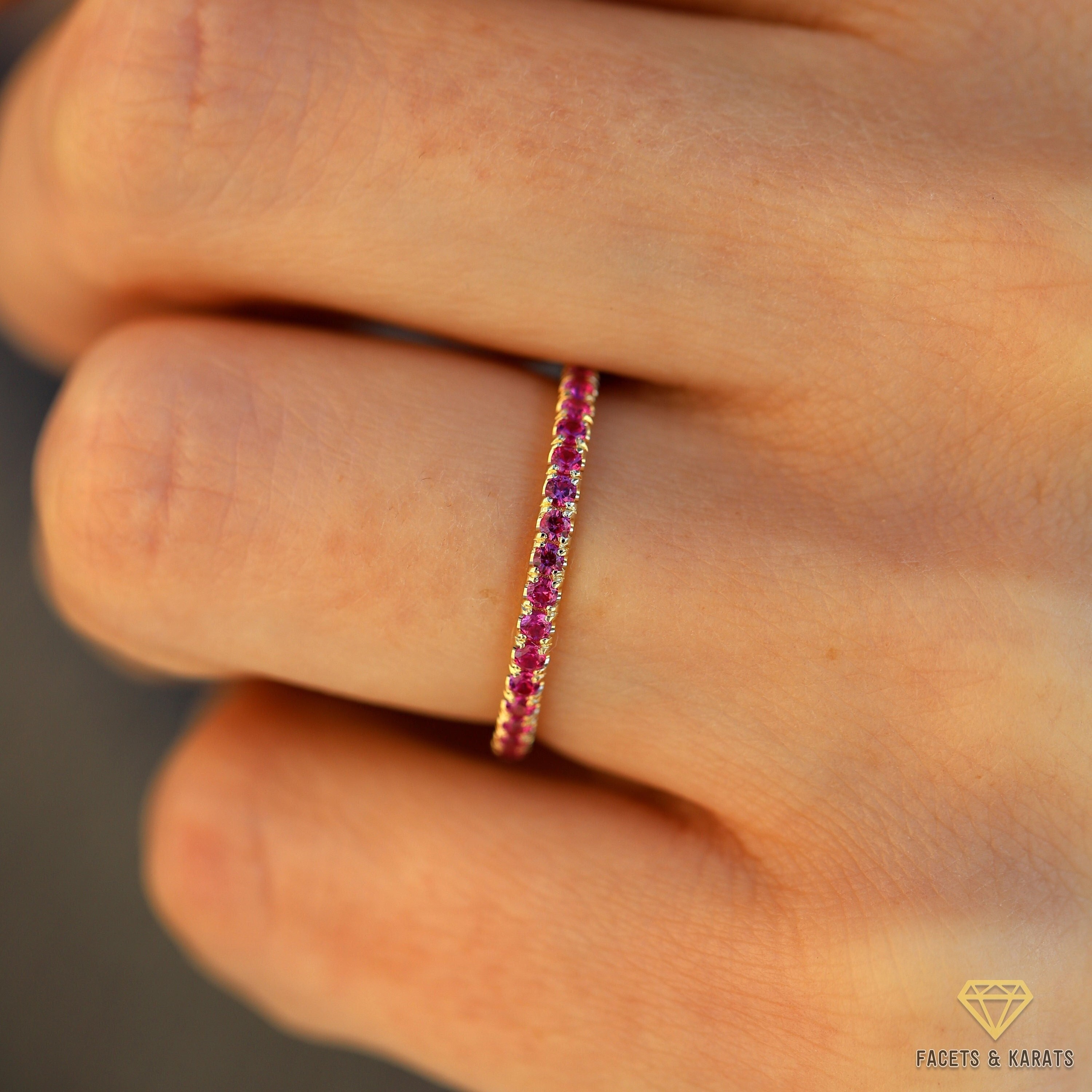 Solid 14K Yellow Gold Ruby Ring, Ruby Wedding Band For Women With 1.5mm Stones in Half Eternity, Available in White Gold and Rose Gold