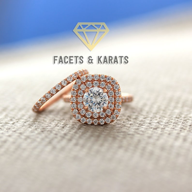 Doppelter Halo-Verlobungsring mit Ehering, Brautset, 2,65 ctw, 14 Karat massives Weißgold, Roségold oder Gelbgold von Facets and Karats auf Etsy Bild 2