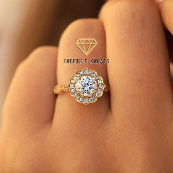 Art Deco Moissanite Engagement Ring, Vintage Engagement Ring, Vintage Ring,  1930s Style Women Moissanite Ring, 14K Rose Gold Ring For Her