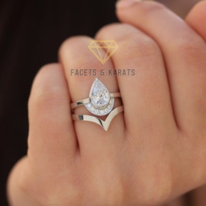 Unique Pear Shaped Engagement Ring with Nesting Wedding Band, 18K Solid Real White Gold AVAL Yellow & Rose Gold by Facets and Karats on Etsy
