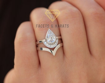 Unique Pear Shaped Engagement Ring with Nesting Wedding Band, 18K Solid Real White Gold AVAL Yellow & Rose Gold by Facets and Karats on Etsy