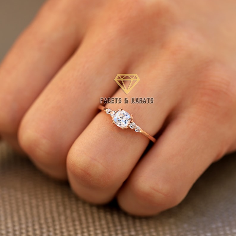 14K Rose Gold Womens Promise Ring For Her, Cushion Cut Minimalist Engagement Ring, Wedding Ring, Diamond Alternative Simulated Diamond Ring image 10