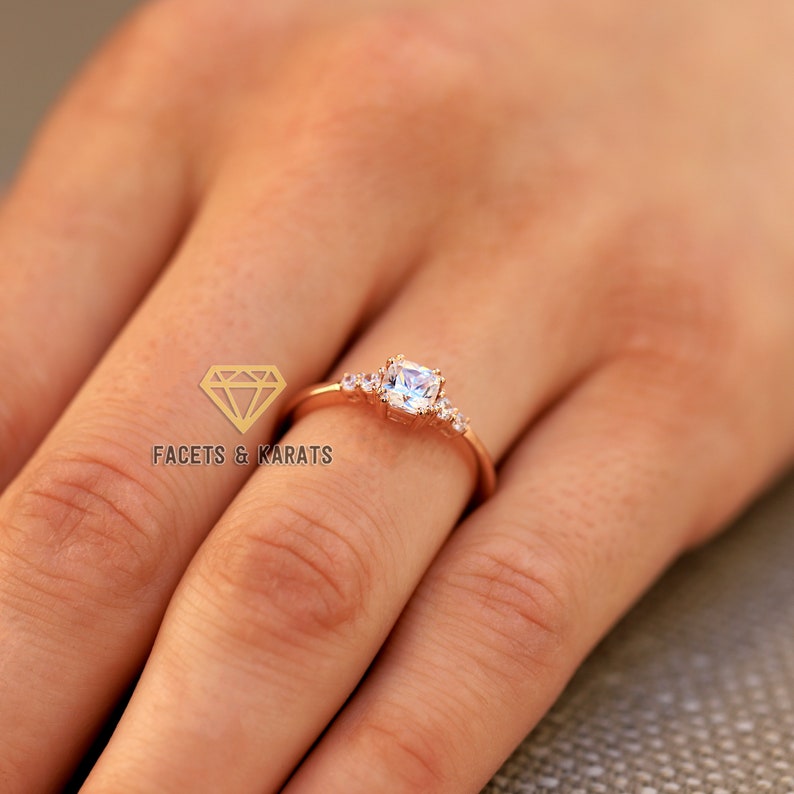 14K Rose Gold Womens Promise Ring For Her, Cushion Cut Minimalist Engagement Ring, Wedding Ring, Diamond Alternative Simulated Diamond Ring image 9