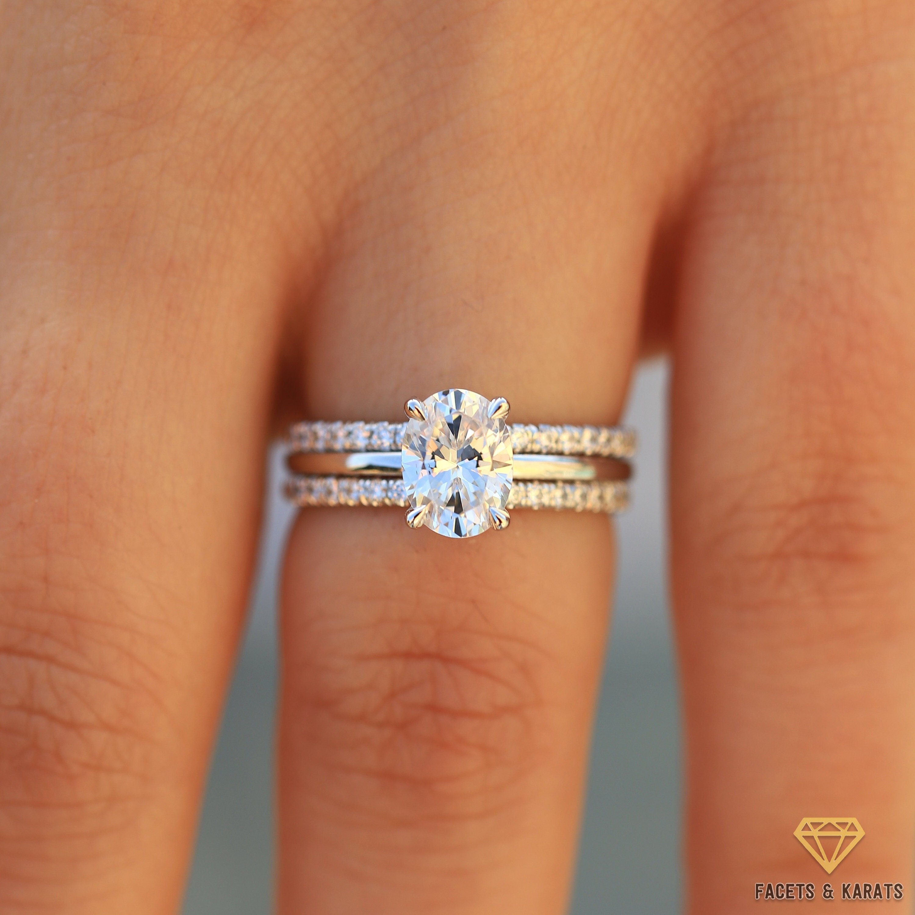 Oval Engagement Ring Set of 3, 14K Solid Gold Ring Set, Thin