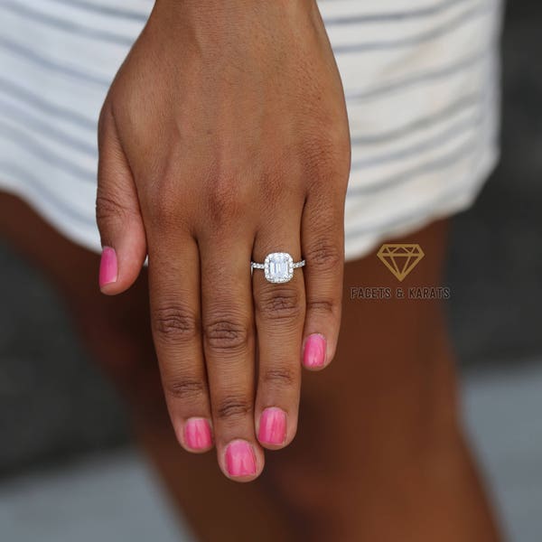 Emerald Cut Halo Engagement Ring Simulated Diamond 2ct Set in Solid 18k White Gold Single Shank Low Profile Classic Setting