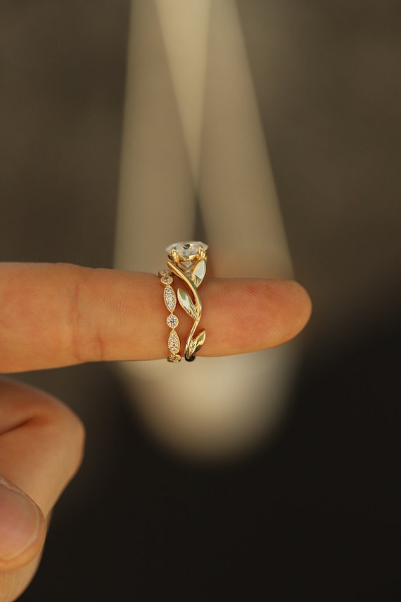 Handmade 9x7mm Oval Moissanite Engagement Ring and Art Deco Wedding Band by  Facets and Karats on