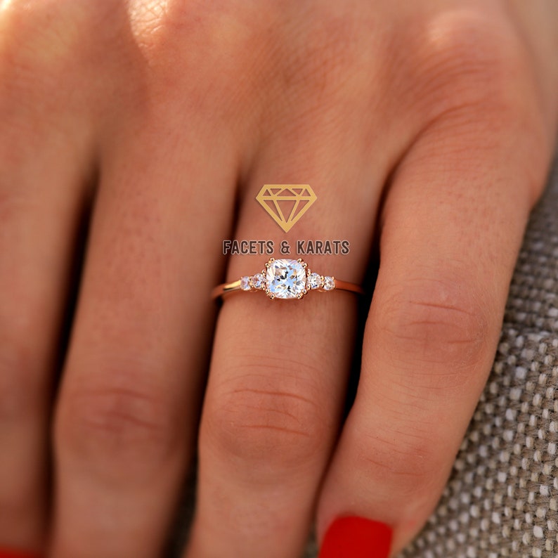 14K Rose Gold Womens Promise Ring For Her, Cushion Cut Minimalist Engagement Ring, Wedding Ring, Diamond Alternative Simulated Diamond Ring image 4