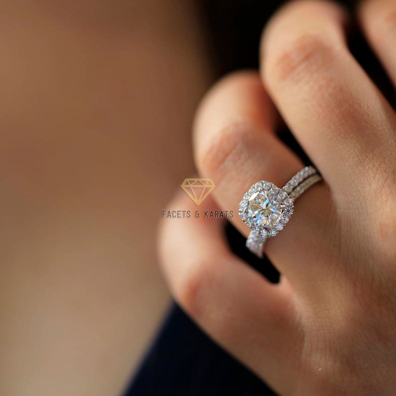 2.20 ctw Round Halo Engagement Ring, Bridal Set, Wedding Band, Solid 14k White Gold Lab Created Man Made Synthetic Simulated Diamonds image 7