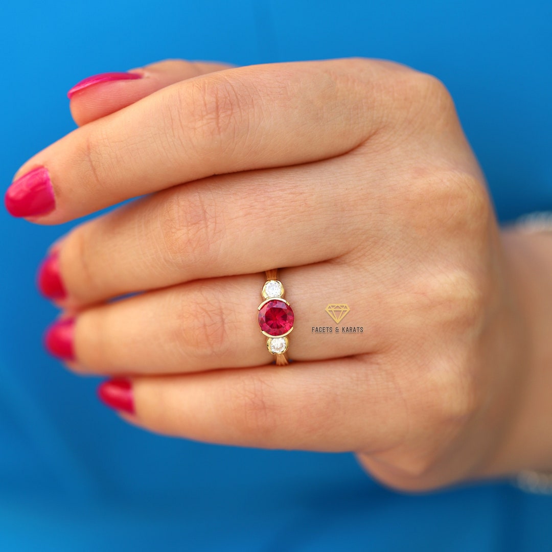 Bezel Set Ruby Engagement Ring 14K Solid Yellow Gold Half Bezel Set