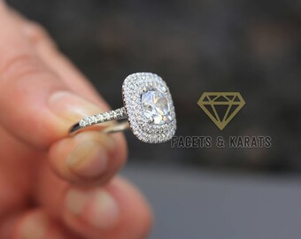 Bague de fiançailles double halo taille coussin, halo carré, cts