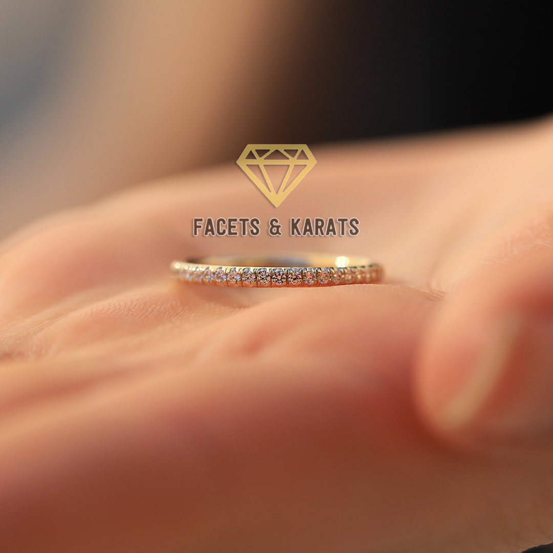 Micro Pave Half Eternity Ring Wedding Band, 14K Solid Real Gold Ring