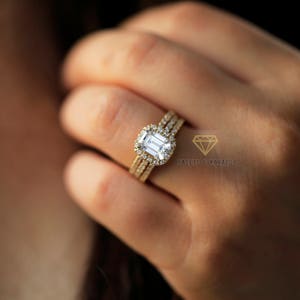 3 ctw Emerald Cut Engagement Ring Bridal Set Wedding Band Solid 14k Yellow Gold Lab Created Man Made Simulated Diamonds image 4