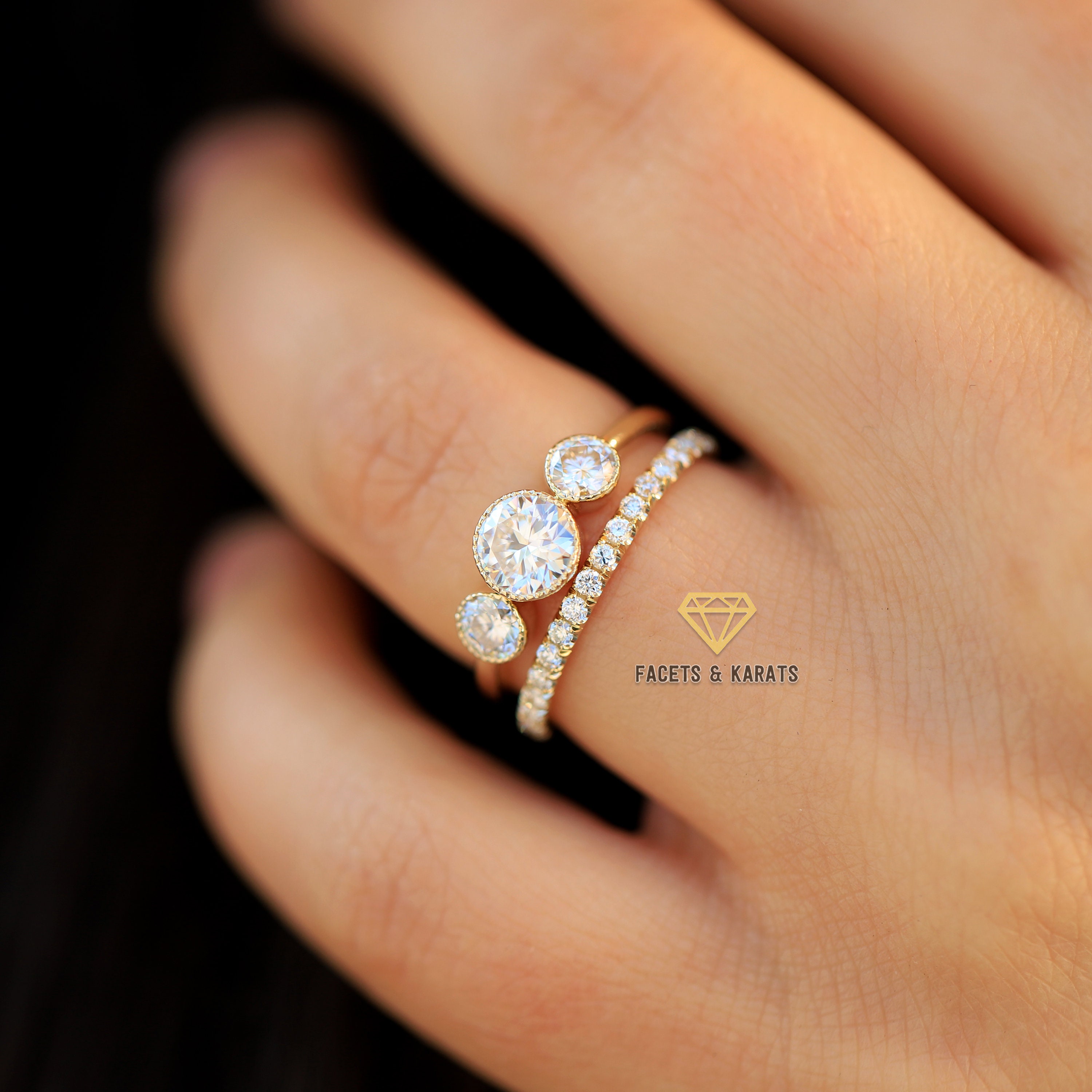 3 Stone Bezel Set Moissanite Engagement Ring & Wedding Band