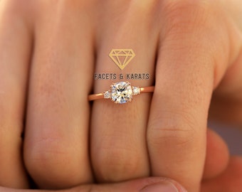 14K Rose Gold Minimalist Cushion Cut Engagement Ring, Alternative Wedding Ring, 1 Carat Solitaire Ring, Womens Simple Promise Ring For Her