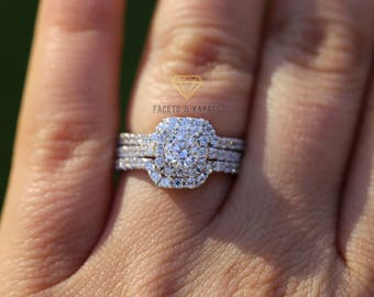 Round Cut Halo Engagement Ring Double Curved Matching Wedding Bands Solid 14k White Gold 1.5 ctw Simulated Diamonds