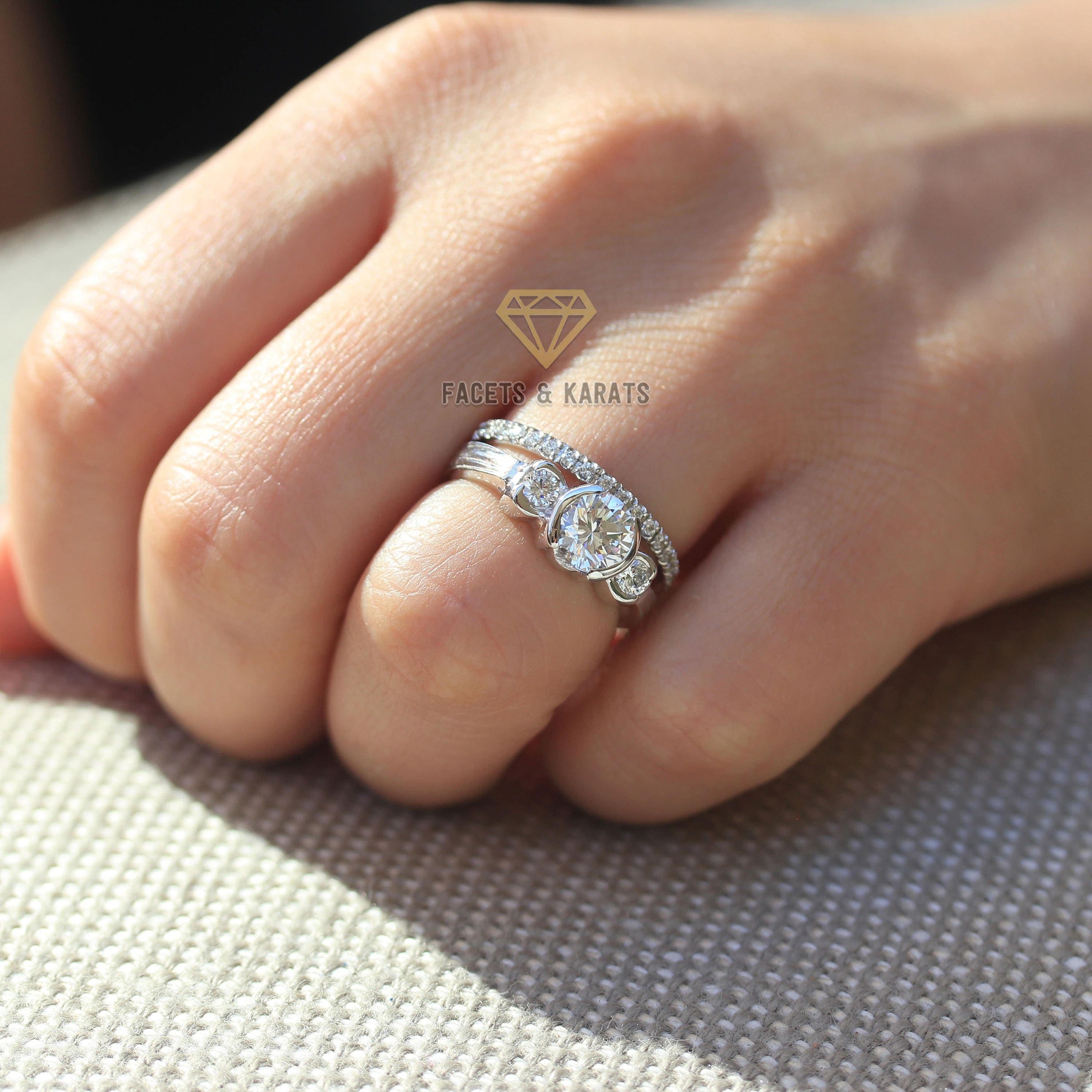 Bezel Set Three Stone Engagement Rings Sets Wedding Band 1.75