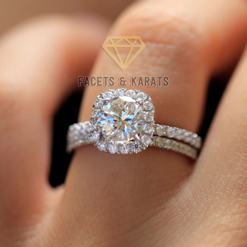 2.20 ctw Round Halo Engagement Ring, Bridal Set, Wedding Band, Solid 14k White Gold Lab Created Man Made Synthetic Simulated Diamonds image 8