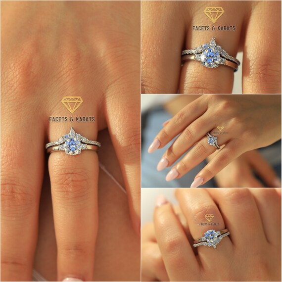 1ct VVS1 Moissanite Engagement Ring Set Vintage Unique 14K