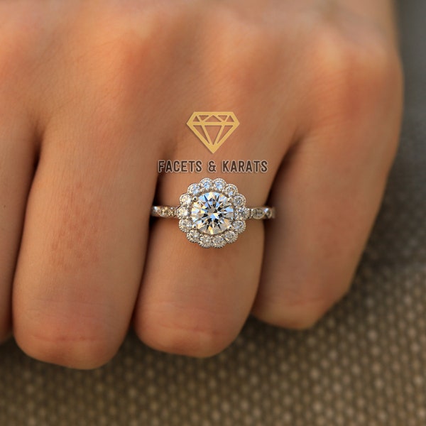 1.50ct Round Cut Flower Halo Engagement Ring 14K White Gold Promise Ring For Her 1930s Vintage Art Deco Ring, Moissanite Simulated Diamonds