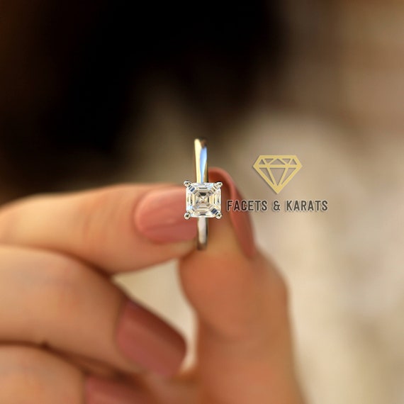 18k Asscher Cut Solitaire Engagement Ring For Women, Promise Ring Gift For Her, 18K Wedding Ring, Minimalist Ring, Simulated Diamond Ring