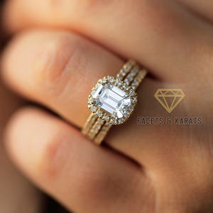 3 ctw Emerald Cut Engagement Ring Bridal Set Wedding Band Solid 14k Yellow Gold Lab Created Man Made Simulated Diamonds image 7