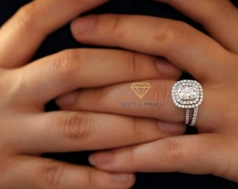 3 ctw Cushion Radiant Cut Double Halo Engagement Ring Wedding Bridal Set 14k White Gold Man Made Simulated Diamonds