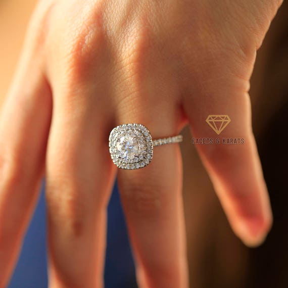 2 Carat Round Double Halo Engagement Ring Wedding Bridal Ring Set in Solid 14k White Gold Simulated Diamonds
