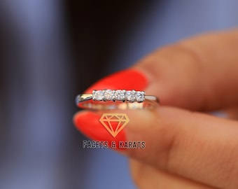 14K Solid Real White Gold Low-Profile 5 Stone Simulated Diamond Ring, Five Stone Diamond Band 5 Year Anniversary Gift For Her, Ring For Wife