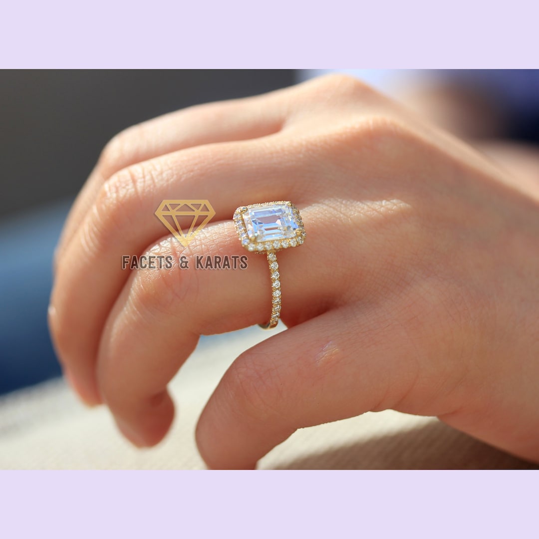 18K Gold Emerald Cut Engagement Ring, Halo Wedding Ring, Elongated