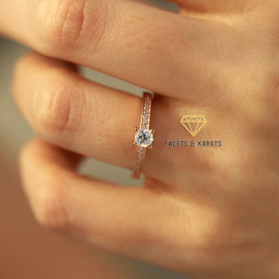 Dainty Engagement Ring Promise Ring For Her 14K Rose Gold Cushion Cut Minimalist Simple Wedding Ring Unique Handmade Ring Gift For Wife