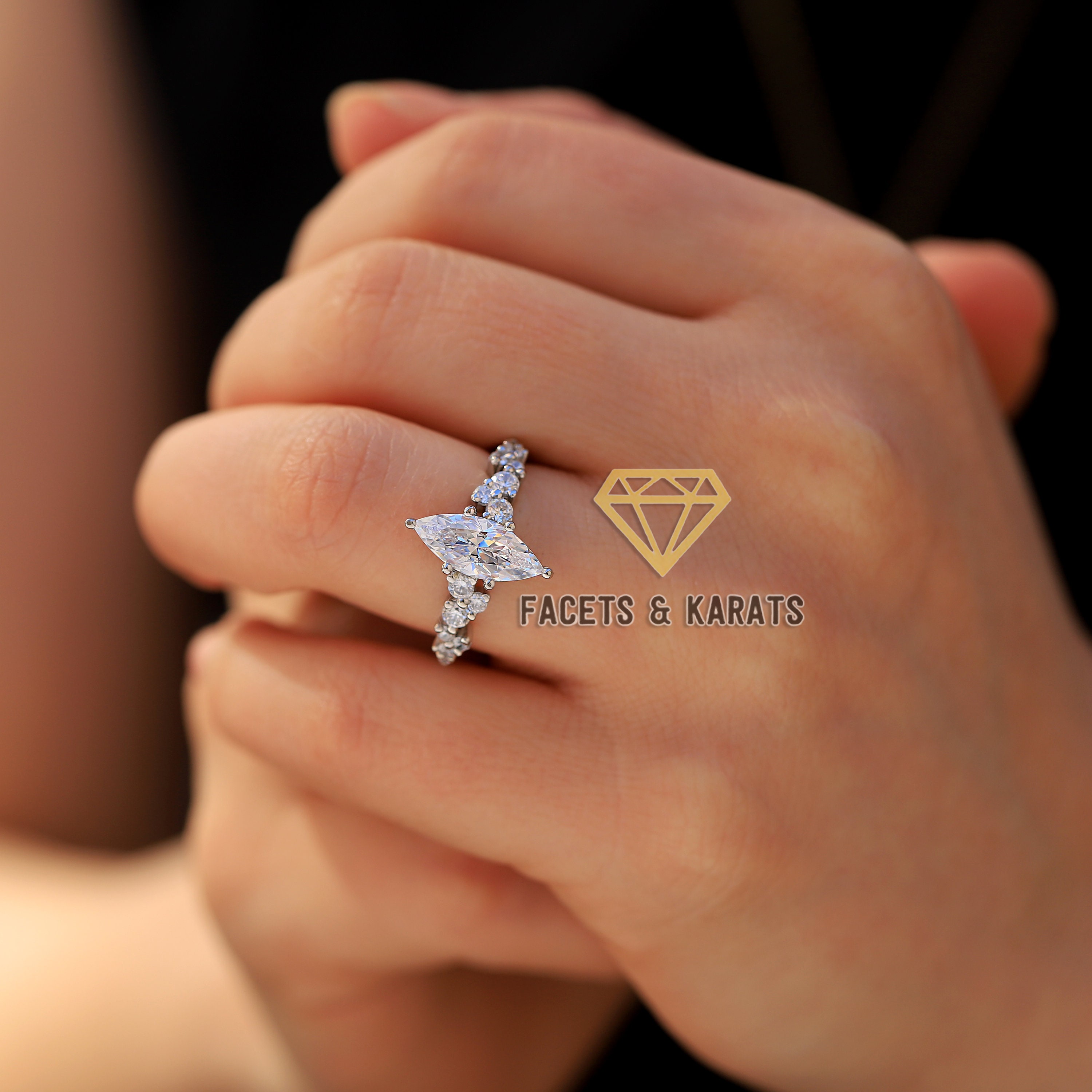 Unique Marquise Engagement Ring With Accent Side Stones 2.80 Ct 14K Solid White Gold Available in Rose Gold Yellow Gold by Facets and Karats Etsy