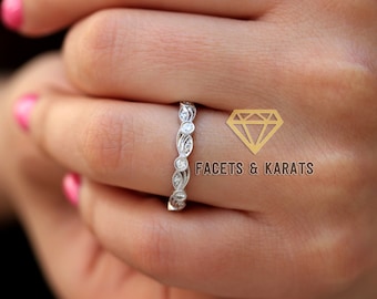 14K Solid White Gold Leaf & Vine Ring Art Deco Wedding Band, 3/4 Eternity Ring, Milgrain Marquise Dot Ring, Vintage Nature Art Deco Ring