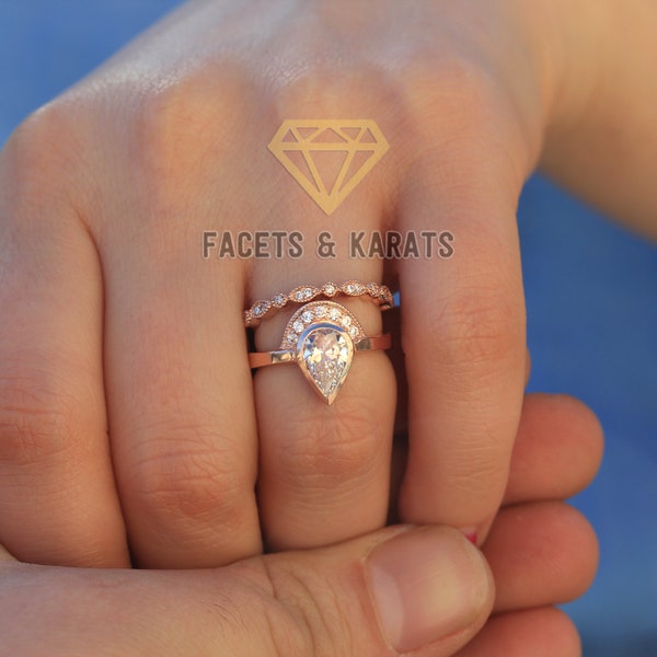 Unique Wedding Ring Set For Women SOLID 14K Rose Gold Bridal Set Art Deco Wedding Band Boho Engagement Ring Set by Facets and Karats on Etsy