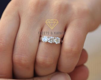 1.5 Carat Promise Ring, Engagement Ring, Past Present Future Classic 3 Stone Engagement Ring, 14k Solid White Gold by FACETS and KARATS