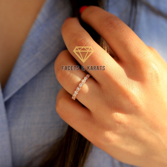 18K Solid Rose Gold Vintage Wedding Band, Half Eternity Ring