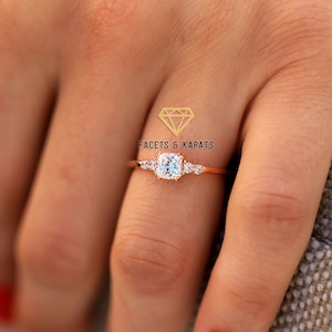 14K Rose Gold Womens Promise Ring For Her, Cushion Cut Minimalist Engagement Ring, Wedding Ring, Diamond Alternative Simulated Diamond Ring image 8