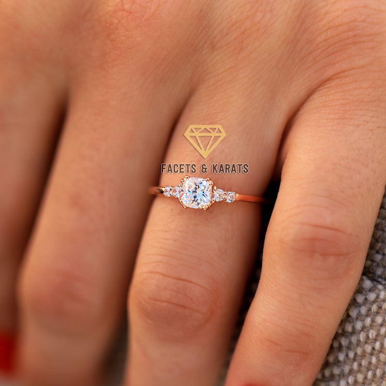 14K Rose Gold Womens Promise Ring For Her, Cushion Cut Minimalist Engagement Ring, Wedding Ring, Diamond Alternative Simulated Diamond Ring image 8