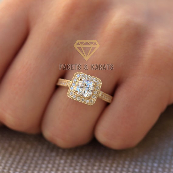 Vintage Style Cushion Cut Engagement Ring Made In Solid 14k Etsy