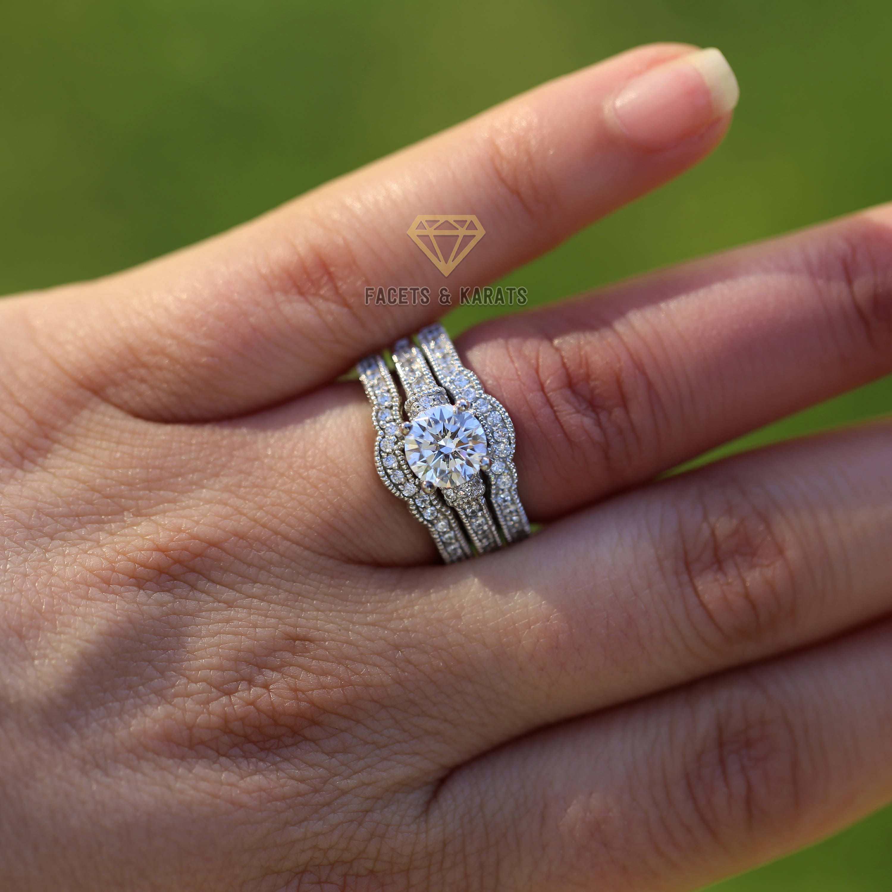 Vintage Style Engagement Ring Set Double Band Wedding Bridal Ring 14k Solid White Gold Simulated Diamonds