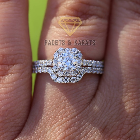 2.70 Ct Round Simulated Diamond Engagement Wedding Ring Set – 14K White Gold With Matching Band