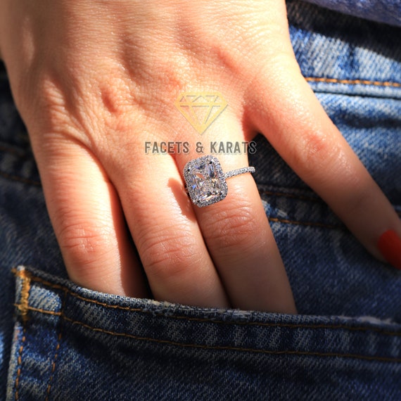 18K Solid White Gold Radiant Cut Halo Engagement Ring 3 Carat