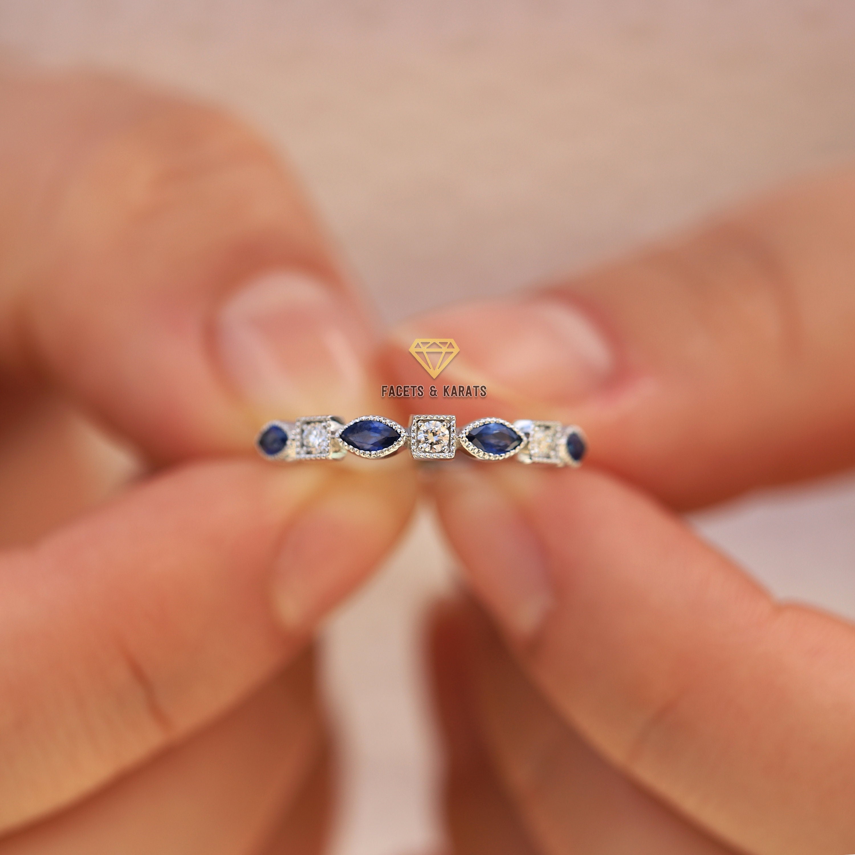 Alternating Round Diamond and Marquise Sapphire Wedding Band in 14K White Gold available in Yellow Gold and Rose Gold, Sizes 3-13