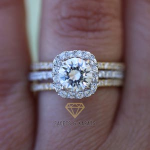 2.5 CT Round Halo Engagement Ring band Bridal set Solid 14k White Gold, Unique White Gold Engagement Rings by FACETS & KARATS image 4