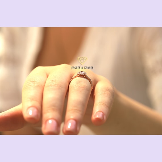 14K Rose Gold Ring, Tiny Halo Engagement Ring Low Profile 1/2 ct Round  Wedding Bridal Ring, Solid Gold Promise Ring, Womens Anniversary Ring