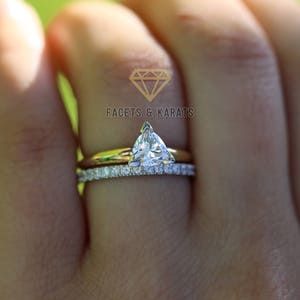 1.34ctw Trillion cut Solitaire Engagement Bridal Promise Ring Wedding Band Solid 14k Gold Man Made Simulated Diamonds or Moissanite Ring Set image 1