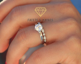 1 Carat Round Cut Solitaire Engagement Ring & Art Deco Wedding Band Set in Solid Real 14K White Gold available in Rose Gold and Yellow Gold