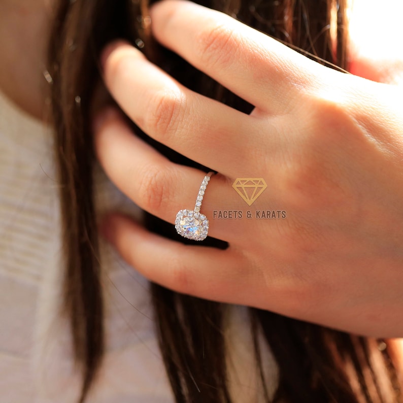 18k White Gold Cushion Cut Halo Engagement Ring, 2 Carat Round Cut Bridal Wedding Ring Lab Created Man Made Synthetic Simulated Diamonds image 5