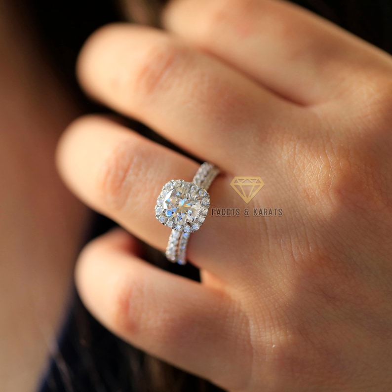 2.20 ctw Round Halo Engagement Ring, Bridal Set, Wedding Band, Solid 14k White Gold Lab Created Man Made Synthetic Simulated Diamonds image 2