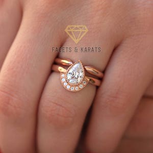 Non Diamond Engagement Ring with Open Wedding Band Pear Shaped Handmade Wedding Ring 14k Solid Rose Gold 1.25 Ct Minimalist Bridal Ring Set