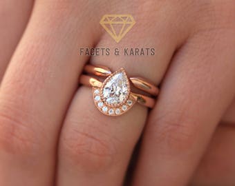 Non Diamond Engagement Ring with Open Wedding Band Pear Shaped Handmade Wedding Ring 14k Solid Rose Gold 1.25 Ct Minimalist Bridal Ring Set